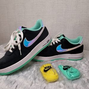 Nike Air Force 1 '82 Black Velour Shoes Mens 8.5 Green Glow Shiny 498288-080